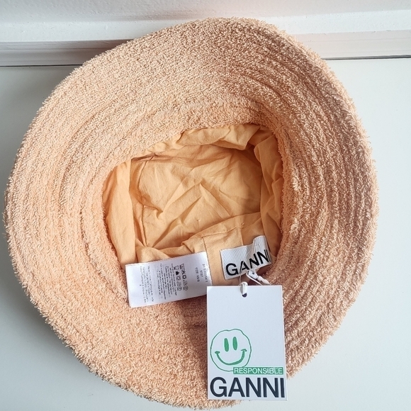 New GANNI Logo Embroidered Terrycloth Bucket Beach Hat Peach Fuzz NWT Size XS/S main image 11